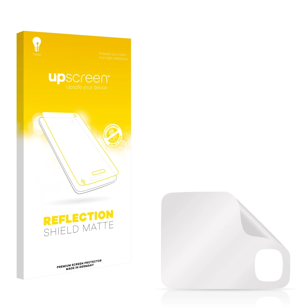 Parte frontal de un envase de producto con el logotipo de la marca upscreen. Al lado está el protector de pantalla correspondi