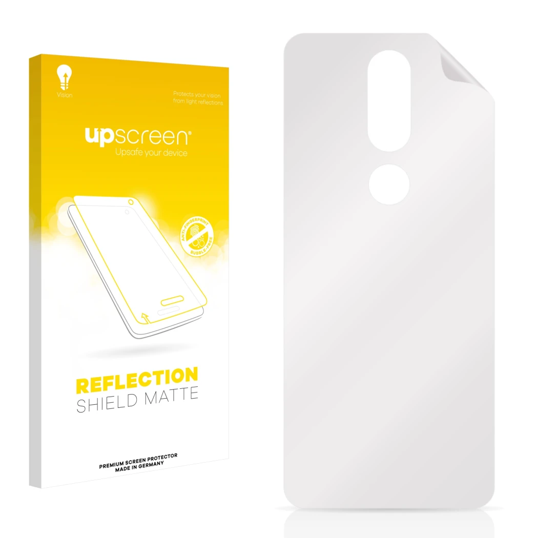 Parte frontal de un envase de producto con el logotipo de la marca upscreen. Al lado está el protector de pantalla correspondi
