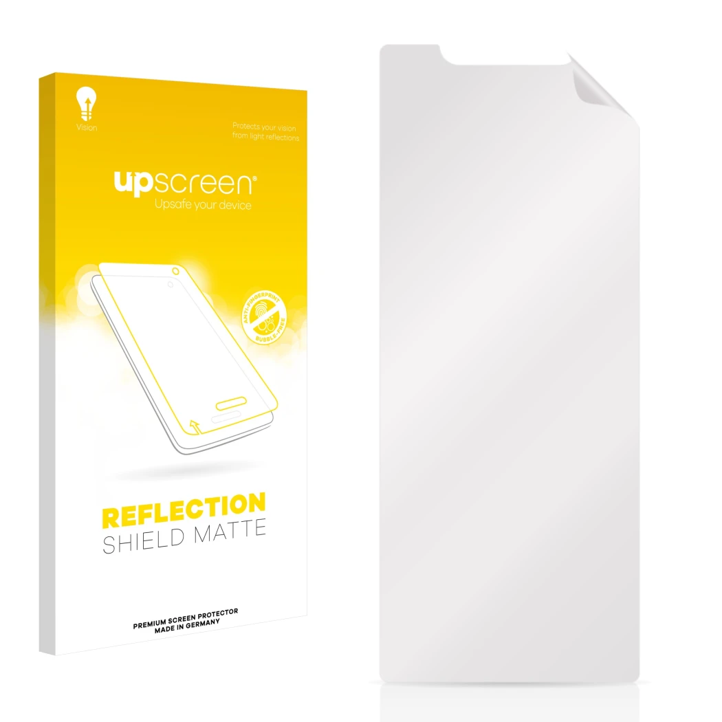 Parte frontal de un envase de producto con el logotipo de la marca upscreen. Al lado está el protector de pantalla correspondi