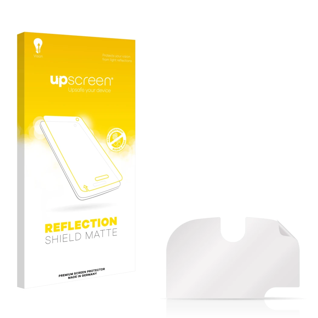 Parte frontal de un envase de producto con el logotipo de la marca upscreen. Al lado está el protector de pantalla correspondi