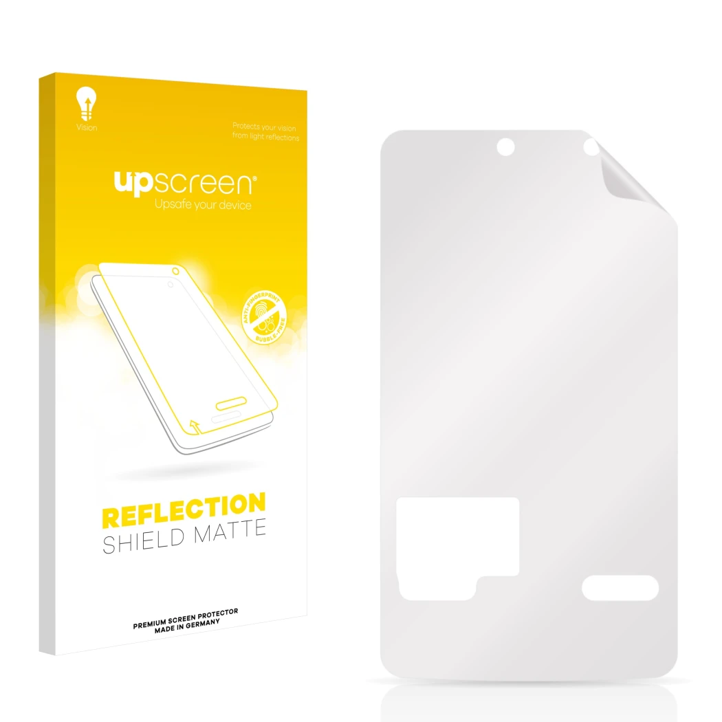 Parte frontal de un envase de producto con el logotipo de la marca upscreen. Al lado está el protector de pantalla correspondi