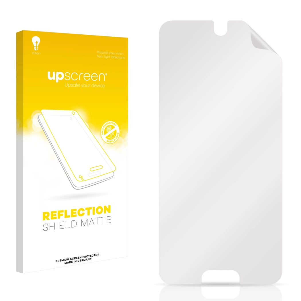 Parte frontal de un envase de producto con el logotipo de la marca upscreen. Al lado está el protector de pantalla correspondi