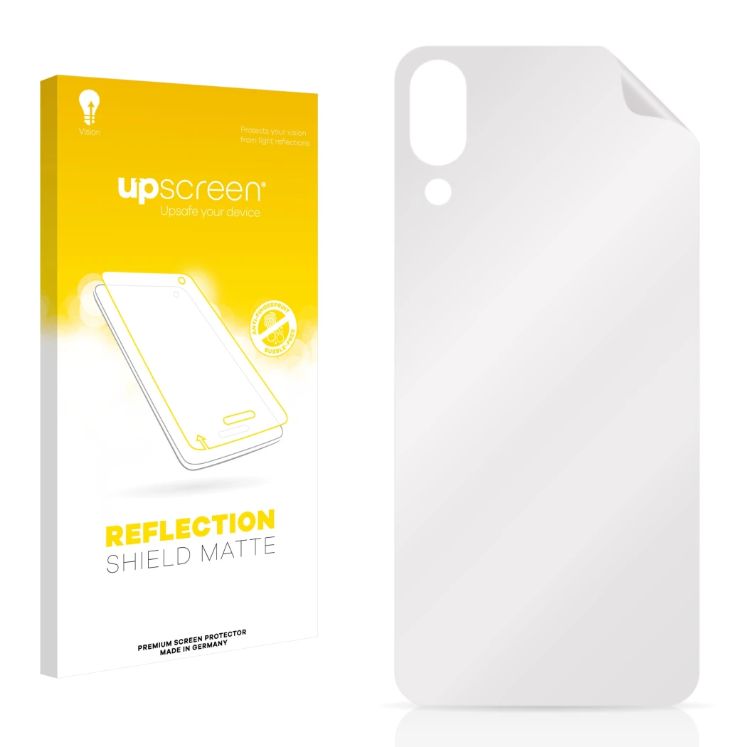 Parte frontal de un envase de producto con el logotipo de la marca upscreen. Al lado está el protector de pantalla correspondi