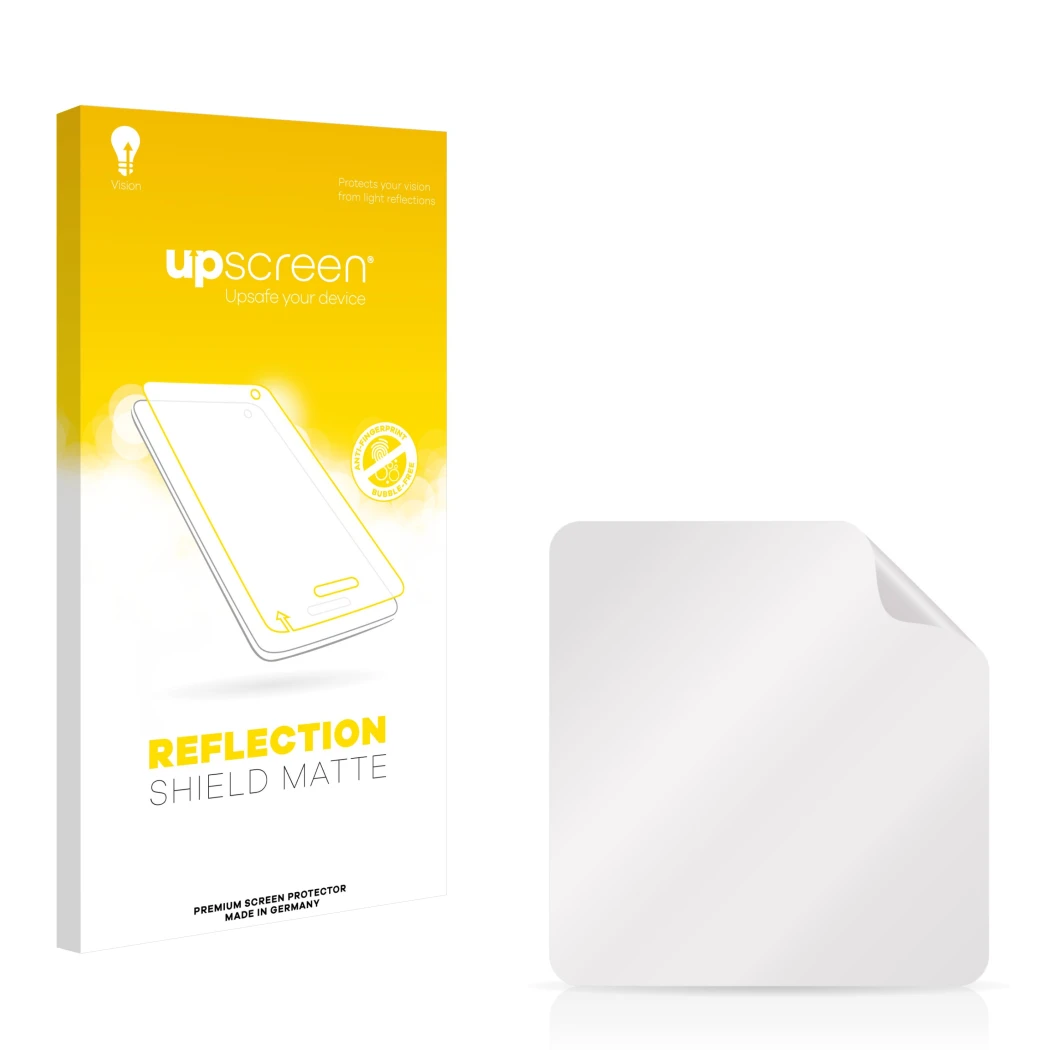 Parte frontal de un envase de producto con el logotipo de la marca upscreen. Al lado está el protector de pantalla correspondi