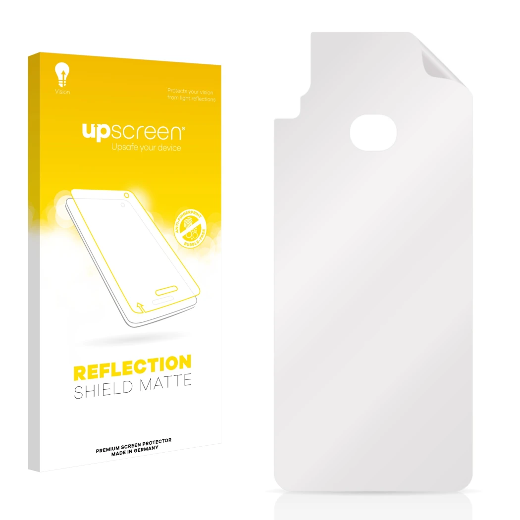 Parte frontal de un envase de producto con el logotipo de la marca upscreen. Al lado está el protector de pantalla correspondi