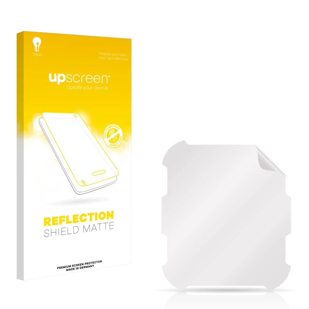 Parte frontal de un envase de producto con el logotipo de la marca upscreen. Al lado está el protector de pantalla correspondi