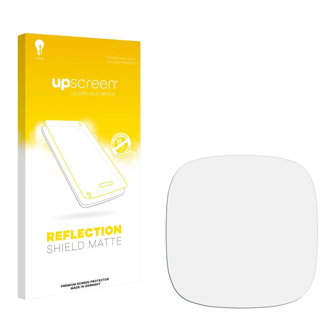 Parte frontal de un envase de producto con el logotipo de la marca upscreen. Al lado está el protector de pantalla correspondi