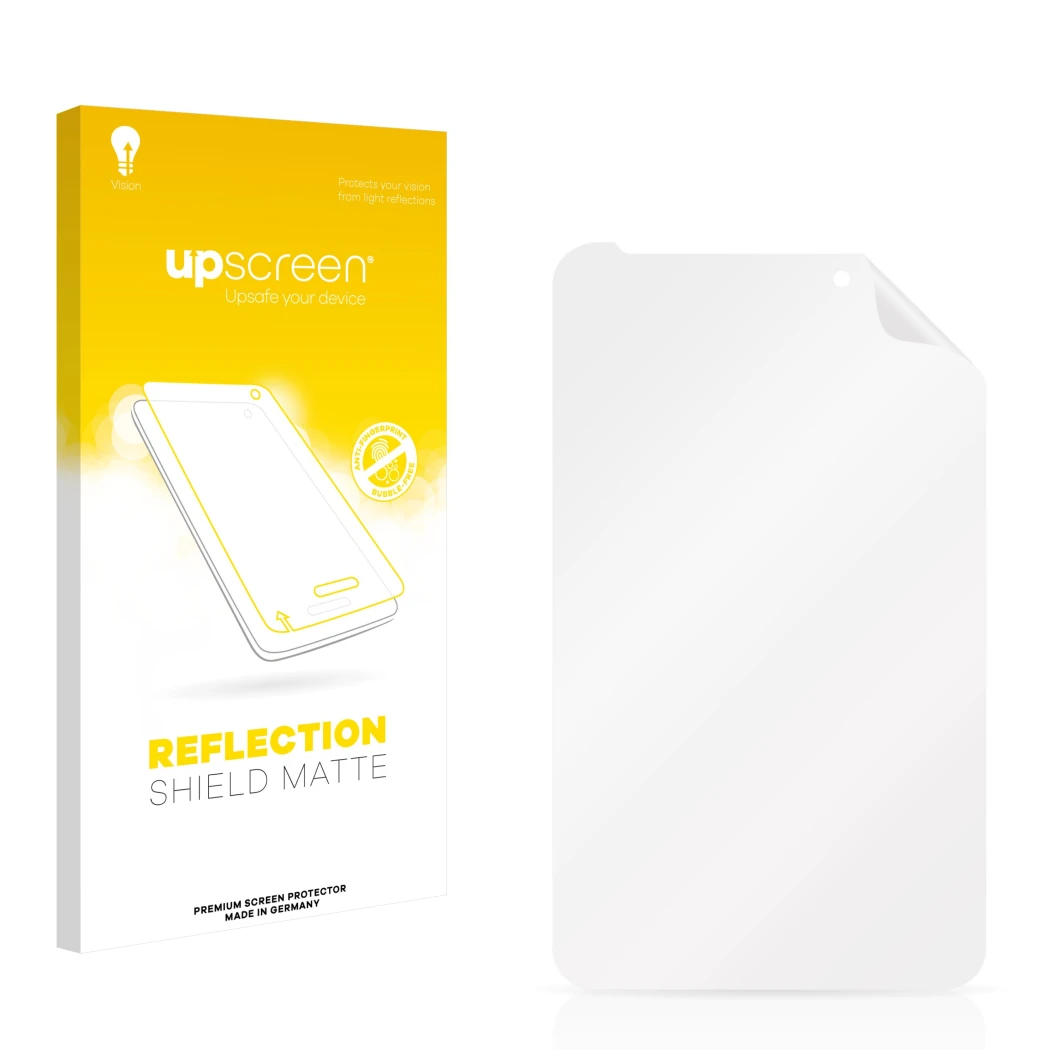 Parte frontal de un envase de producto con el logotipo de la marca upscreen. Al lado está el protector de pantalla correspondi