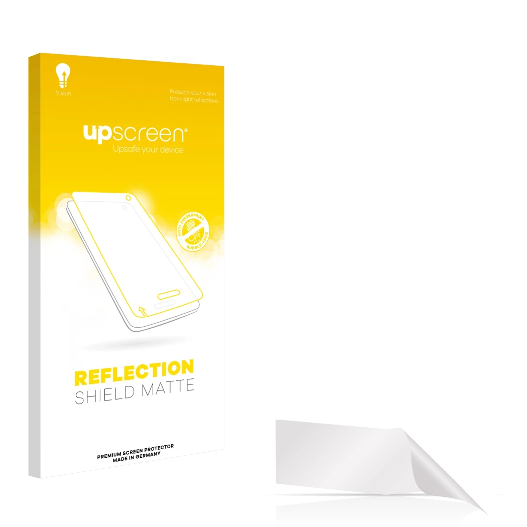 Parte frontal de un envase de producto con el logotipo de la marca upscreen. Al lado está el protector de pantalla correspondi