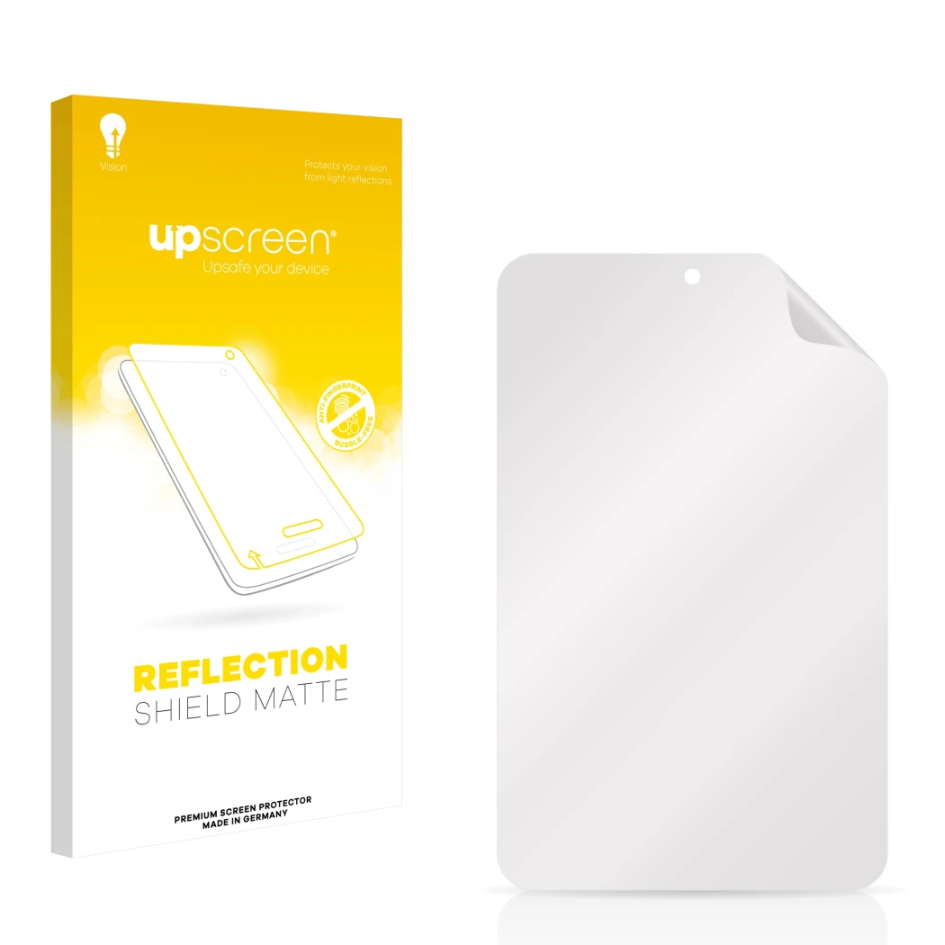 Parte frontal de un envase de producto con el logotipo de la marca upscreen. Al lado está el protector de pantalla correspondi