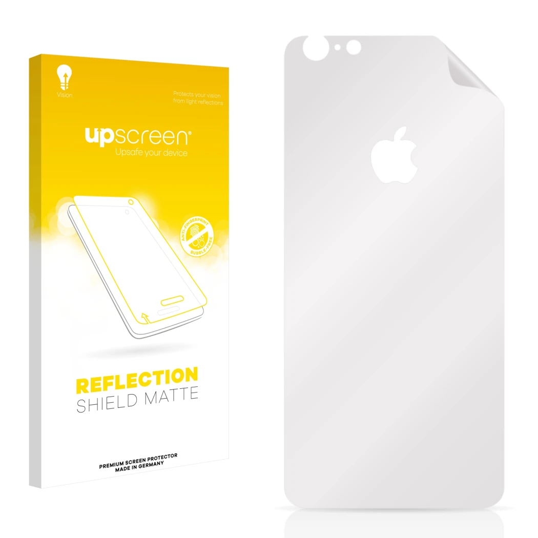 Parte frontal de un envase de producto con el logotipo de la marca upscreen. Al lado está el protector de pantalla correspondi