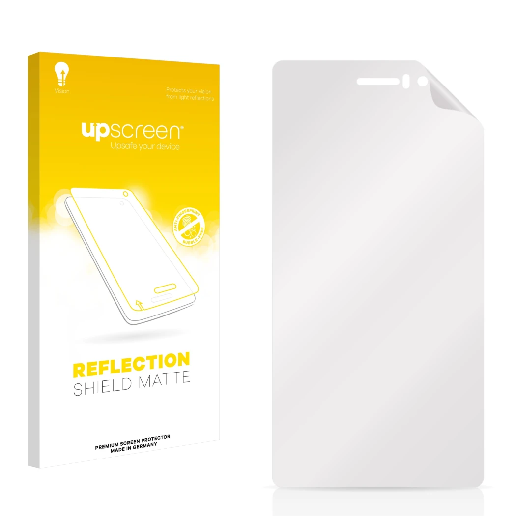 Parte frontal de un envase de producto con el logotipo de la marca upscreen. Al lado está el protector de pantalla correspondi