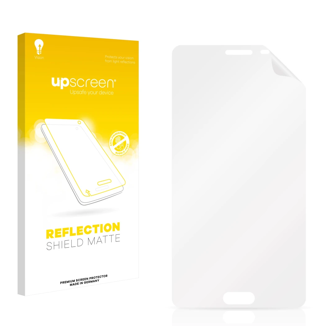 Parte frontal de un envase de producto con el logotipo de la marca upscreen. Al lado está el protector de pantalla correspondi