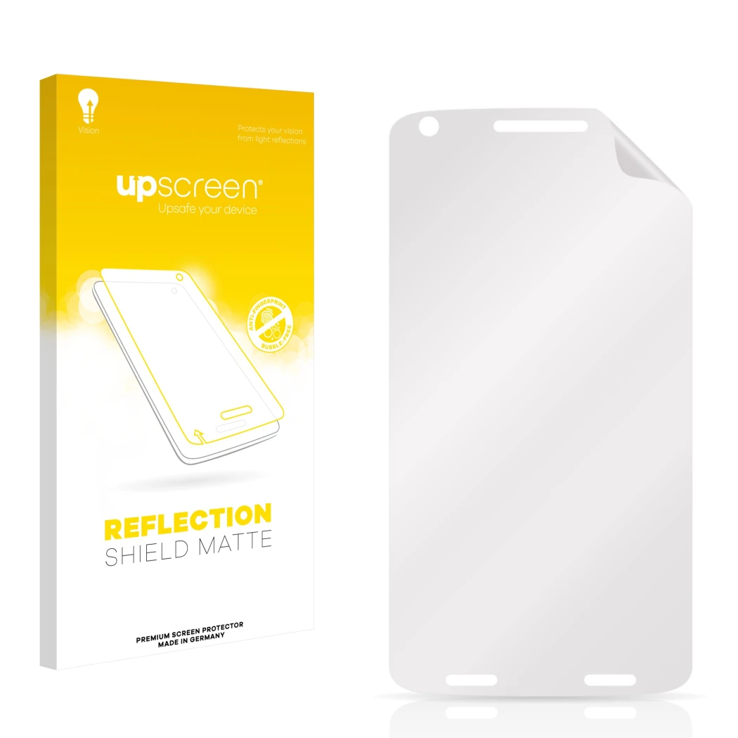 Parte frontal de un envase de producto con el logotipo de la marca upscreen. Al lado está el protector de pantalla correspondi