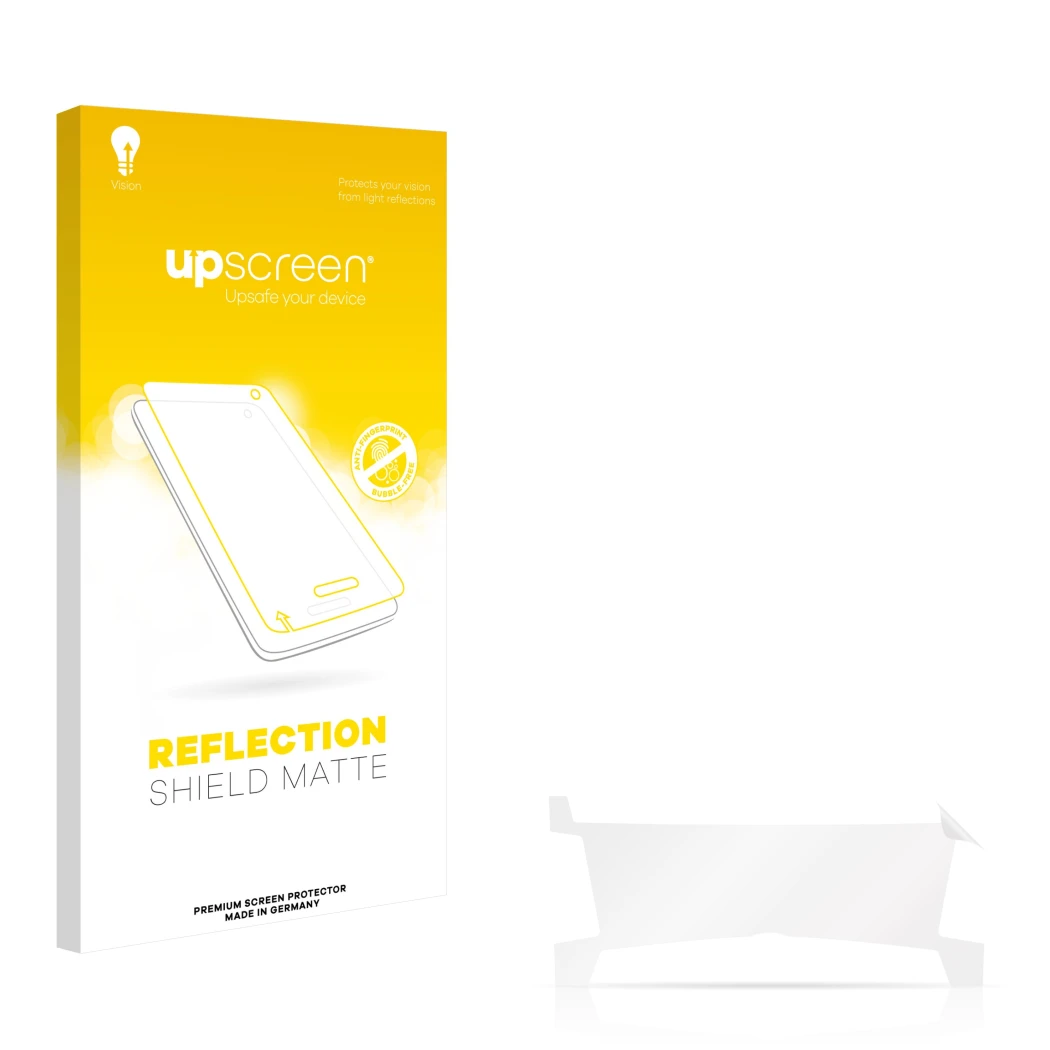 Parte frontal de un envase de producto con el logotipo de la marca upscreen. Al lado está el protector de pantalla correspondi