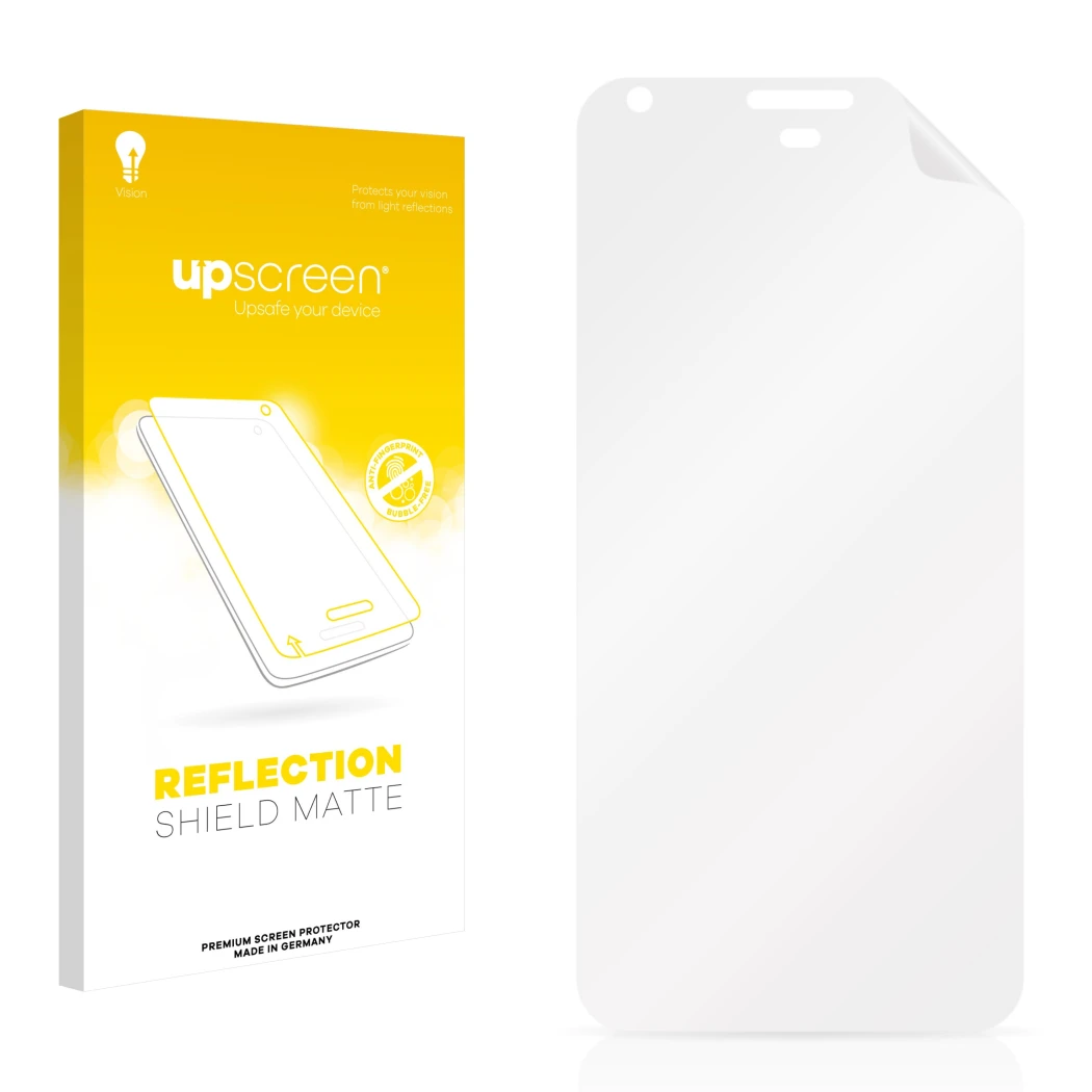 Parte frontal de un envase de producto con el logotipo de la marca upscreen. Al lado está el protector de pantalla correspondi
