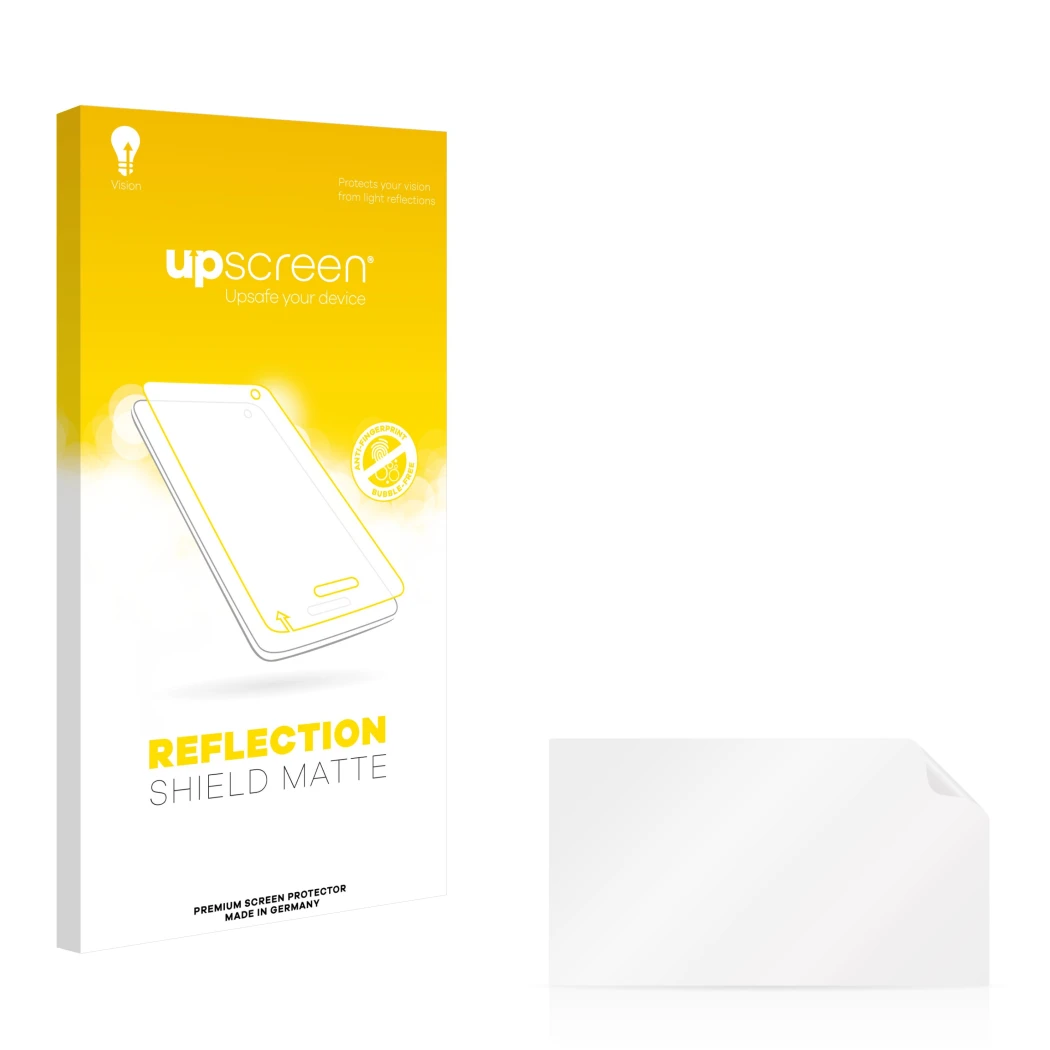 Parte frontal de un envase de producto con el logotipo de la marca upscreen. Al lado está el protector de pantalla correspondi