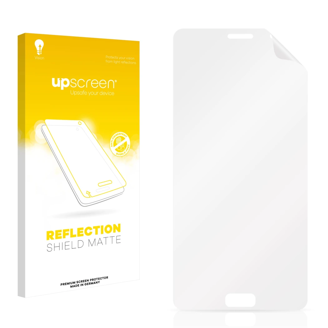 Parte frontal de un envase de producto con el logotipo de la marca upscreen. Al lado está el protector de pantalla correspondi