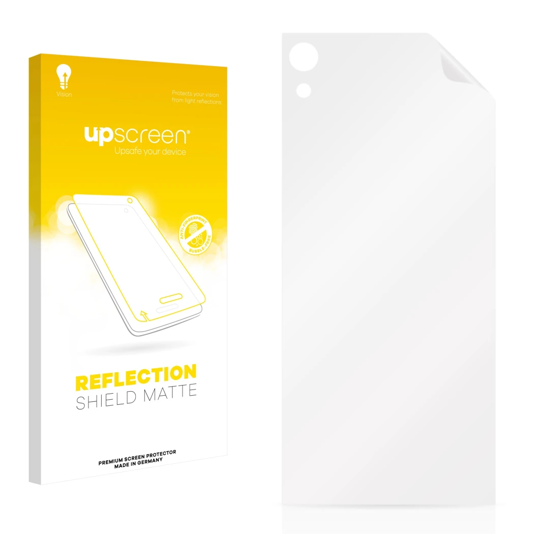 Parte frontal de un envase de producto con el logotipo de la marca upscreen. Al lado está el protector de pantalla correspondi