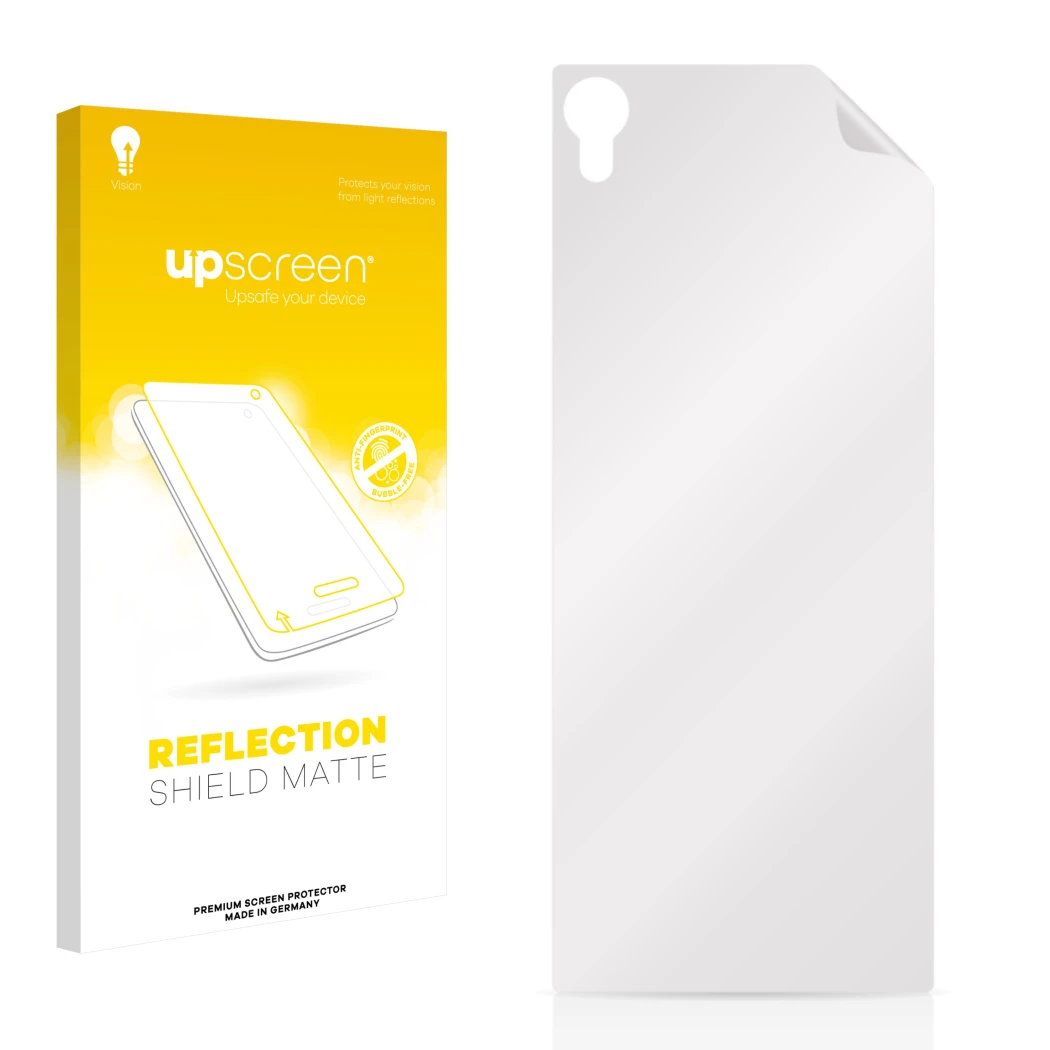 Parte frontal de un envase de producto con el logotipo de la marca upscreen. Al lado está el protector de pantalla correspondi
