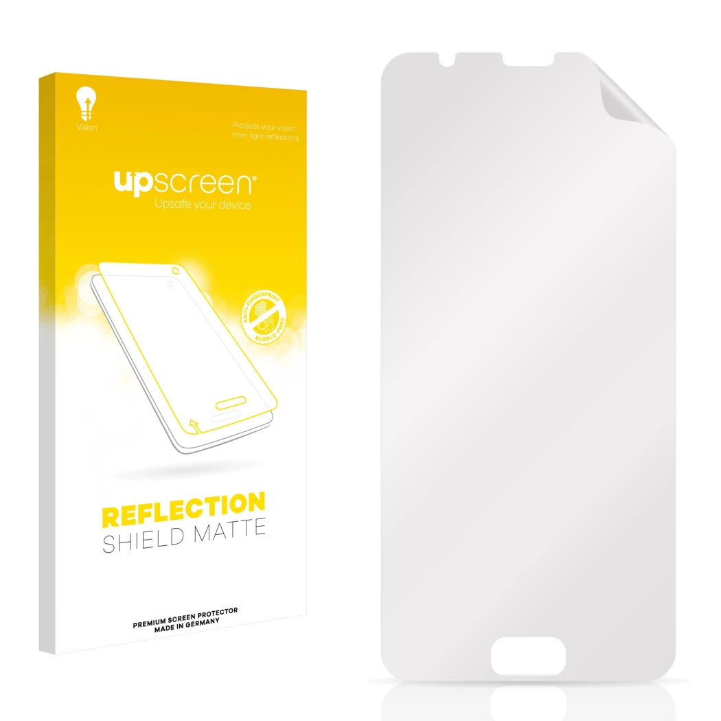 Parte frontal de un envase de producto con el logotipo de la marca upscreen. Al lado está el protector de pantalla correspondi