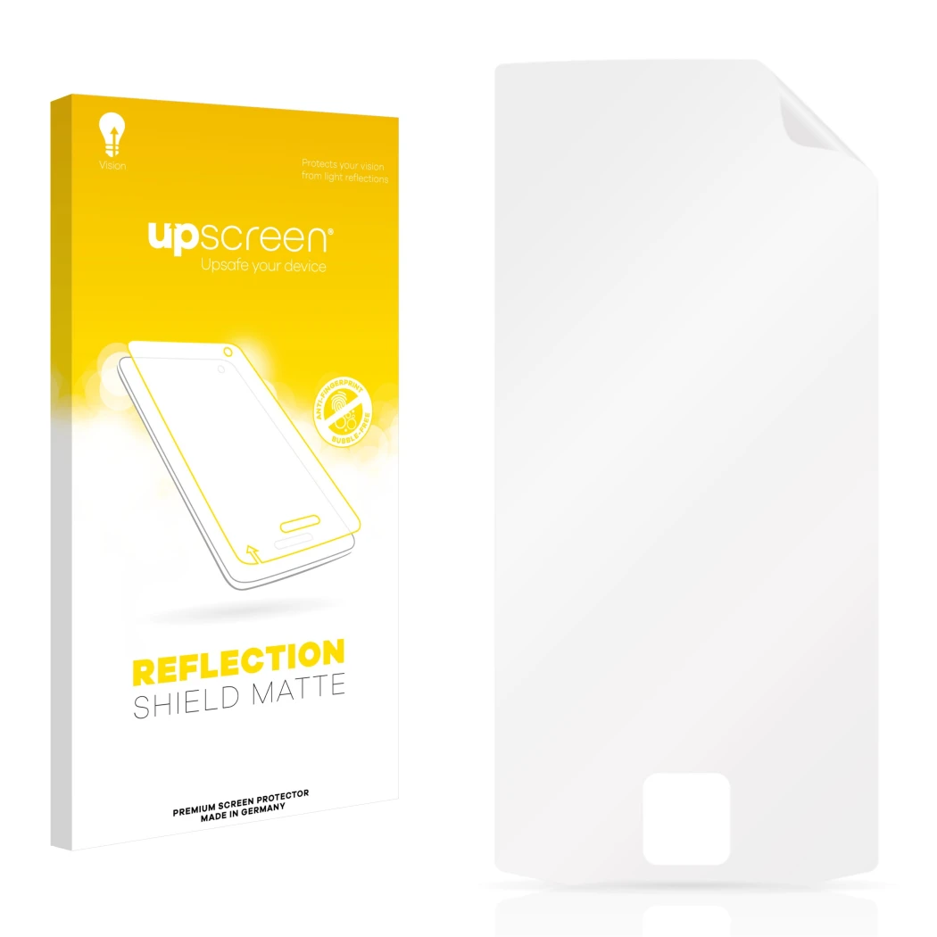 Parte frontal de un envase de producto con el logotipo de la marca upscreen. Al lado está el protector de pantalla correspondi