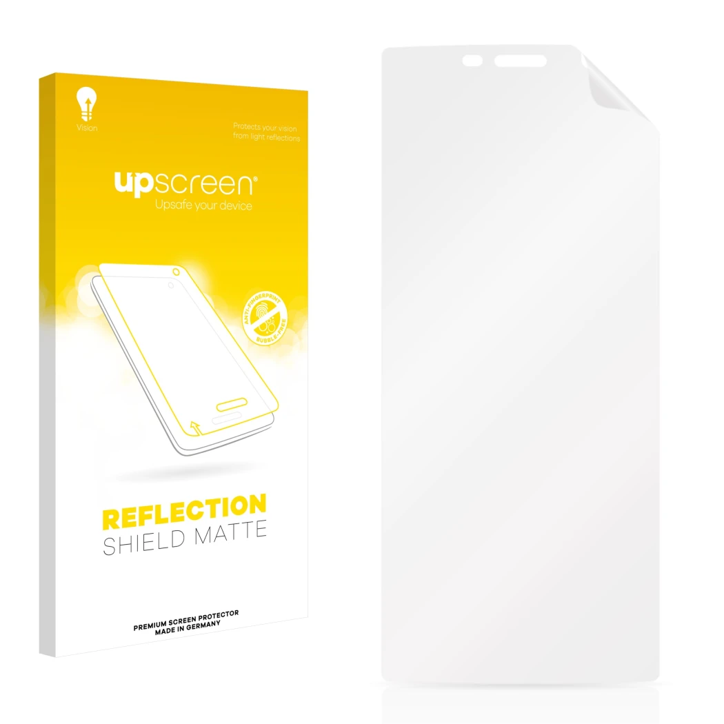 Parte frontal de un envase de producto con el logotipo de la marca upscreen. Al lado está el protector de pantalla correspondi