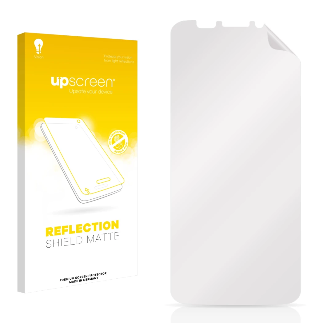 Parte frontal de un envase de producto con el logotipo de la marca upscreen. Al lado está el protector de pantalla correspondi