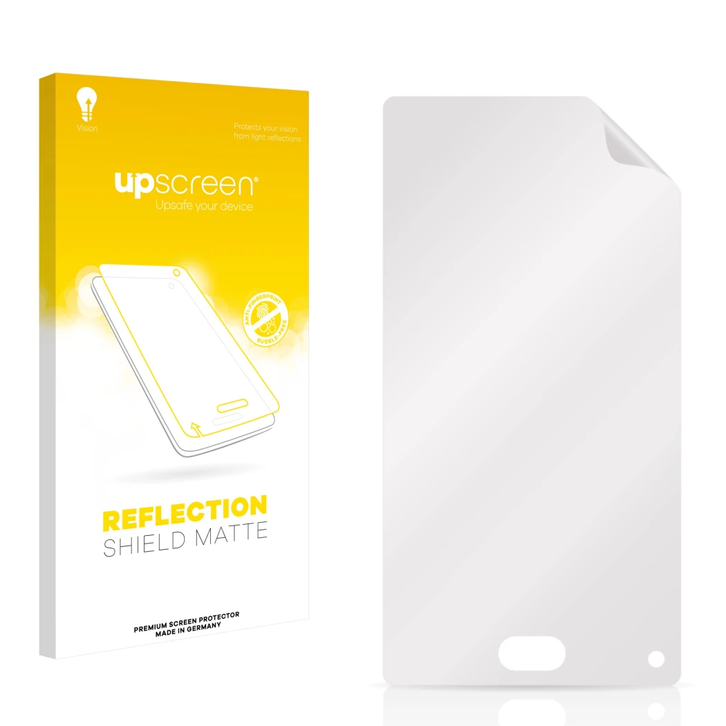 Parte frontal de un envase de producto con el logotipo de la marca upscreen. Al lado está el protector de pantalla correspondi
