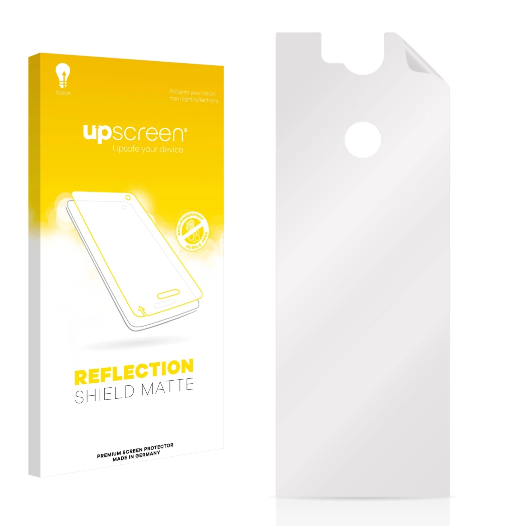 Parte frontal de un envase de producto con el logotipo de la marca upscreen. Al lado está el protector de pantalla correspondi