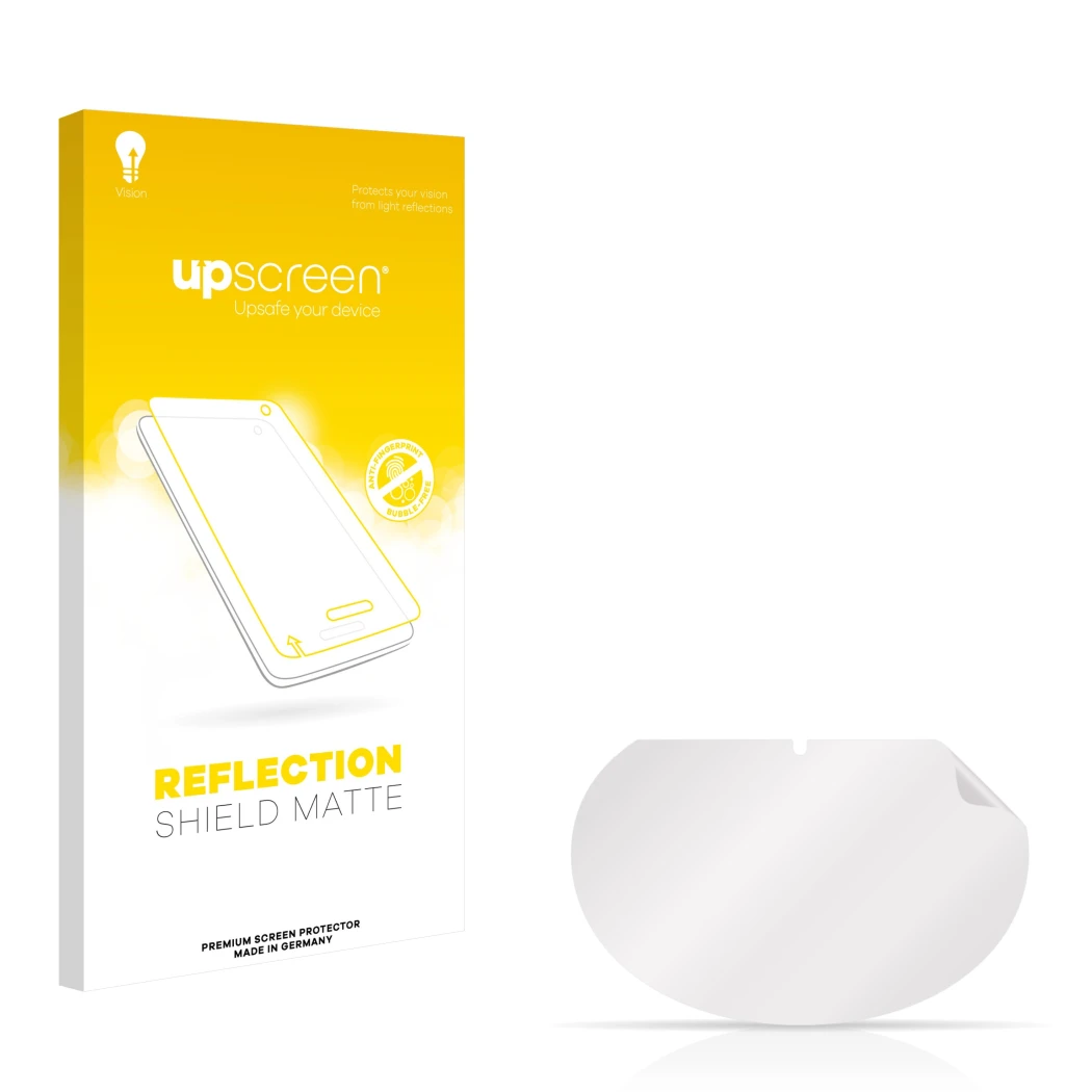 Parte frontal de un envase de producto con el logotipo de la marca upscreen. Al lado está el protector de pantalla correspondi