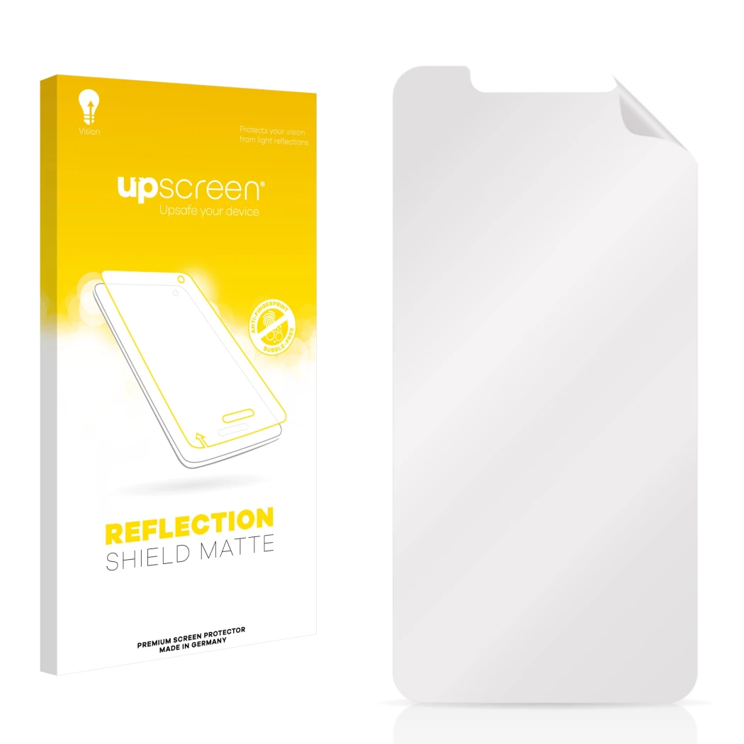 Parte frontal de un envase de producto con el logotipo de la marca upscreen. Al lado está el protector de pantalla correspondi