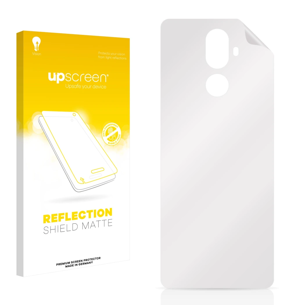 Parte frontal de un envase de producto con el logotipo de la marca upscreen. Al lado está el protector de pantalla correspondi
