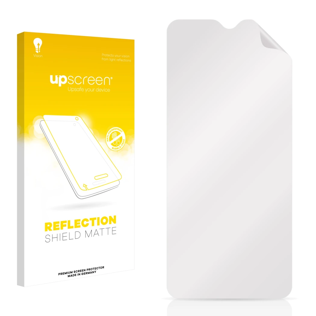 Parte frontal de un envase de producto con el logotipo de la marca upscreen. Al lado está el protector de pantalla correspondi