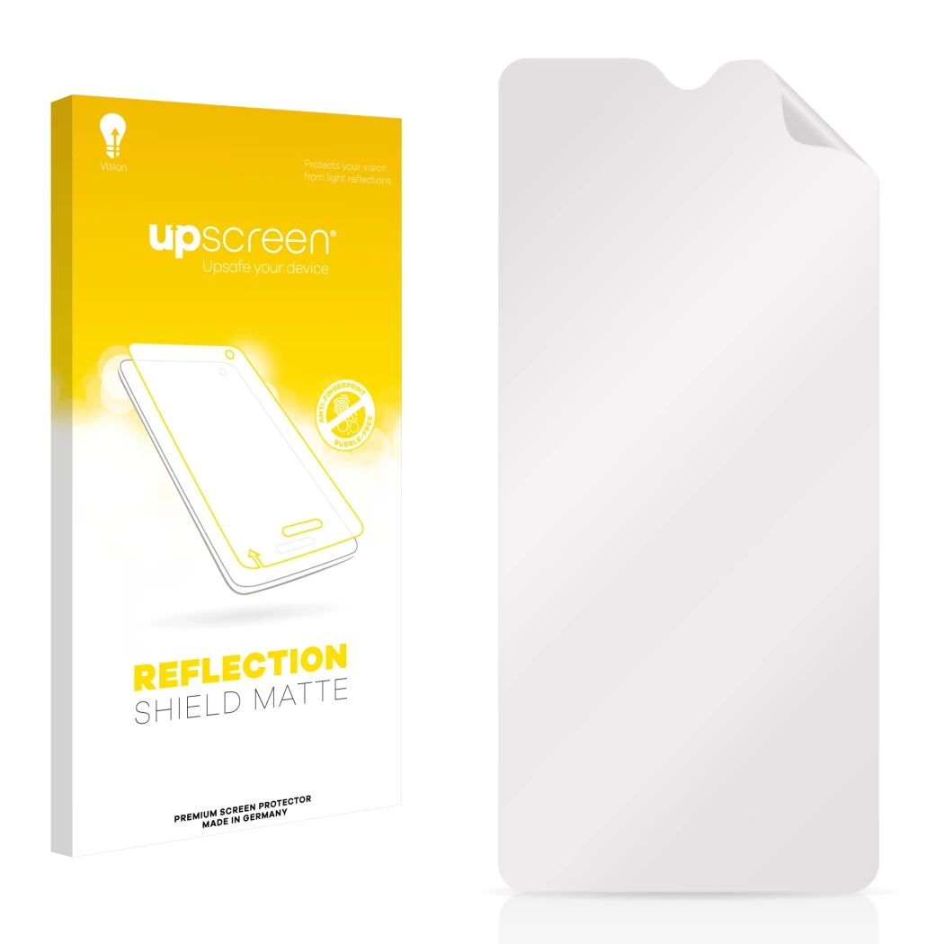 Parte frontal de un envase de producto con el logotipo de la marca upscreen. Al lado está el protector de pantalla correspondi