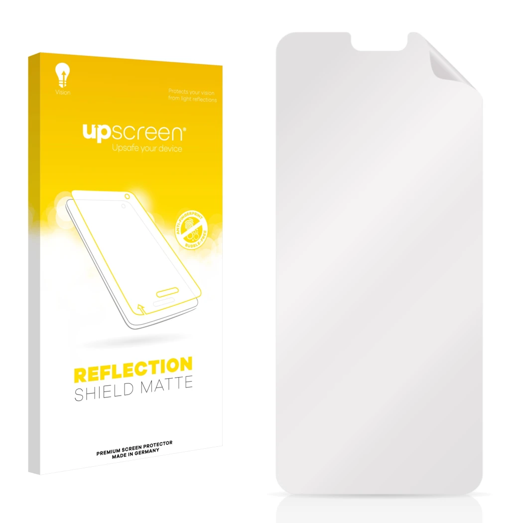 Parte frontal de un envase de producto con el logotipo de la marca upscreen. Al lado está el protector de pantalla correspondi