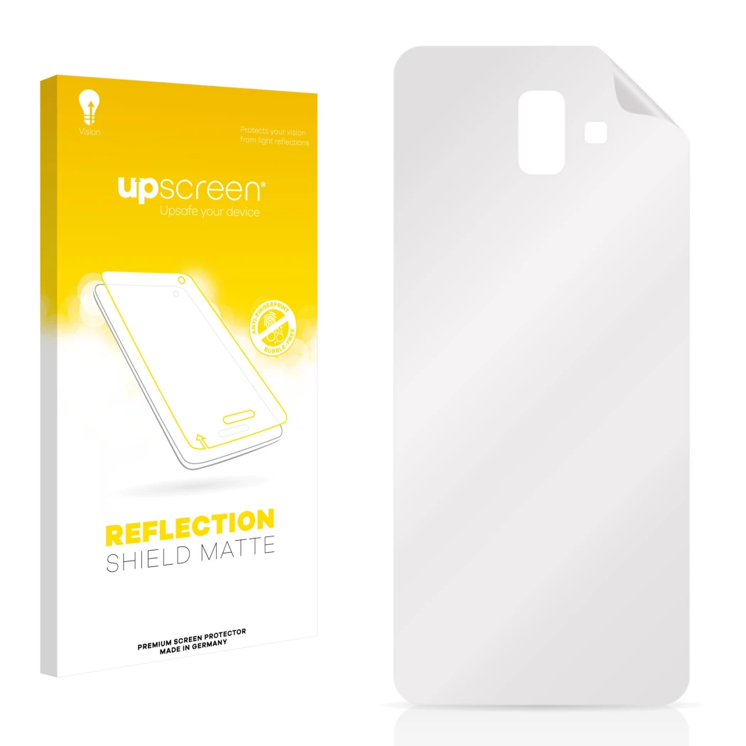Parte frontal de un envase de producto con el logotipo de la marca upscreen. Al lado está el protector de pantalla correspondi