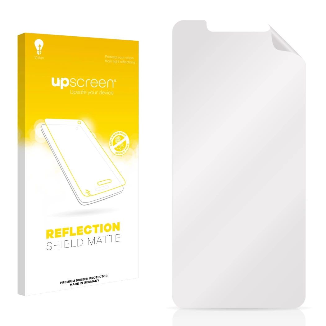 Parte frontal de un envase de producto con el logotipo de la marca upscreen. Al lado está el protector de pantalla correspondi