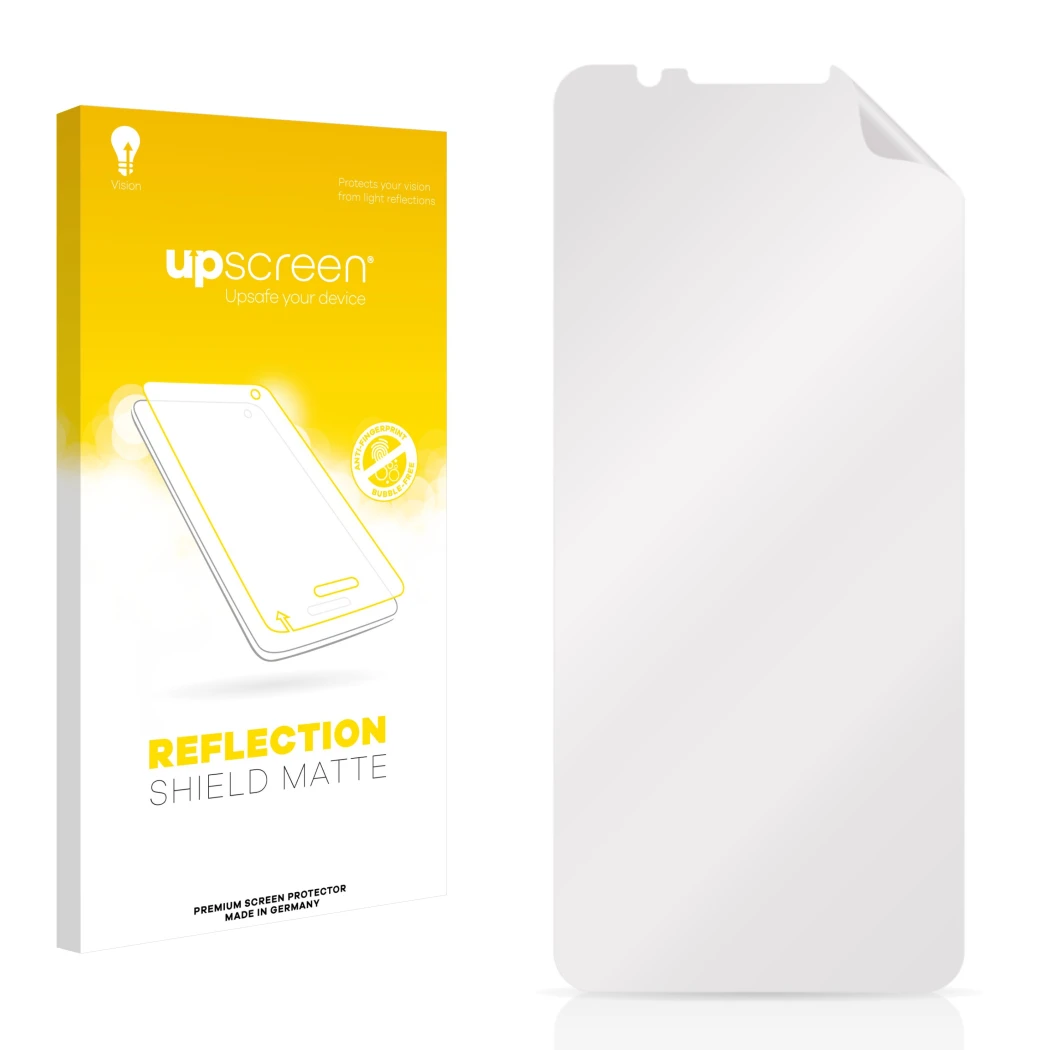 Parte frontal de un envase de producto con el logotipo de la marca upscreen. Al lado está el protector de pantalla correspondi