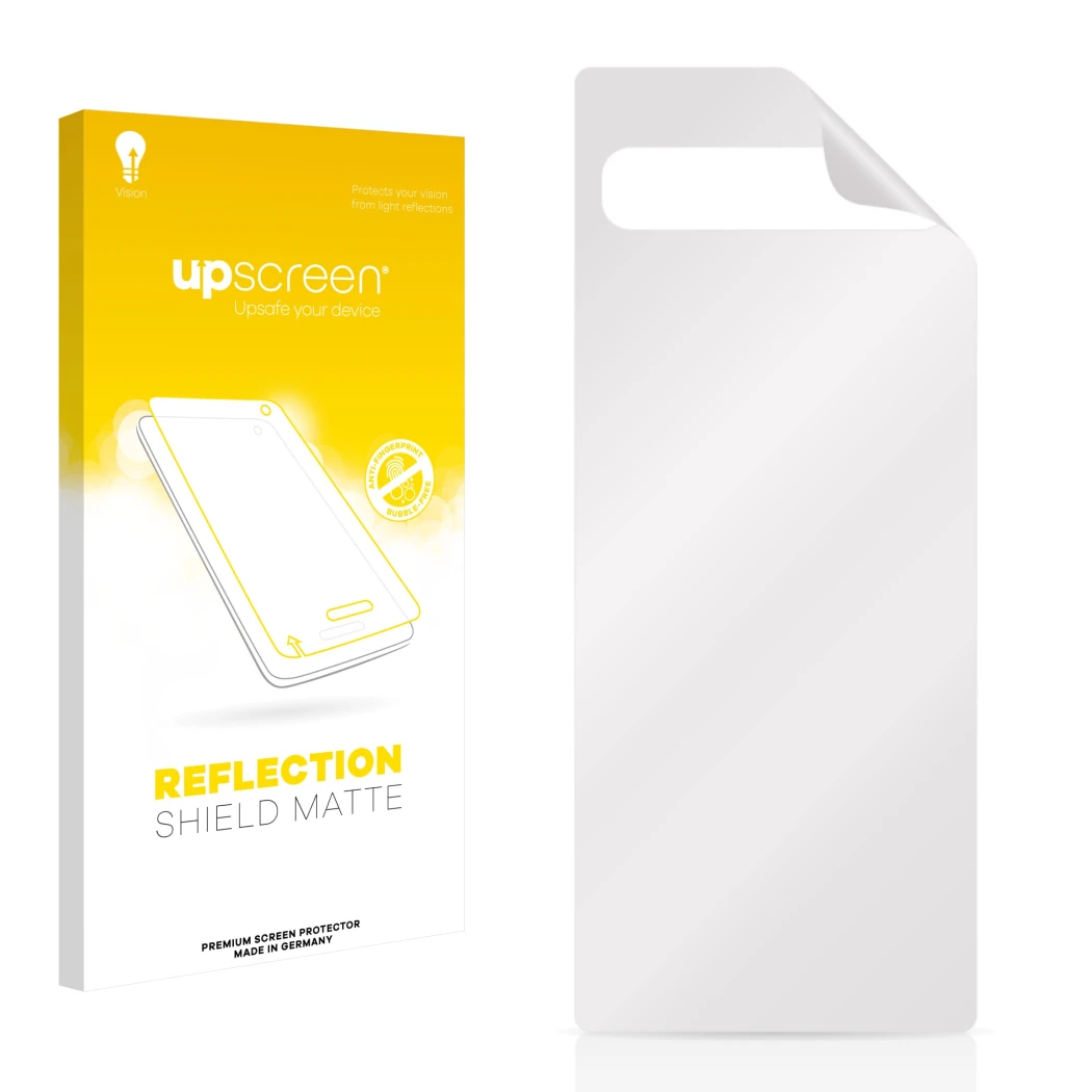 Parte frontal de un envase de producto con el logotipo de la marca upscreen. Al lado está el protector de pantalla correspondi