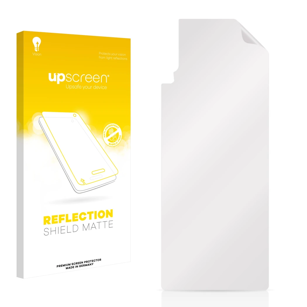 Parte frontal de un envase de producto con el logotipo de la marca upscreen. Al lado está el protector de pantalla correspondi