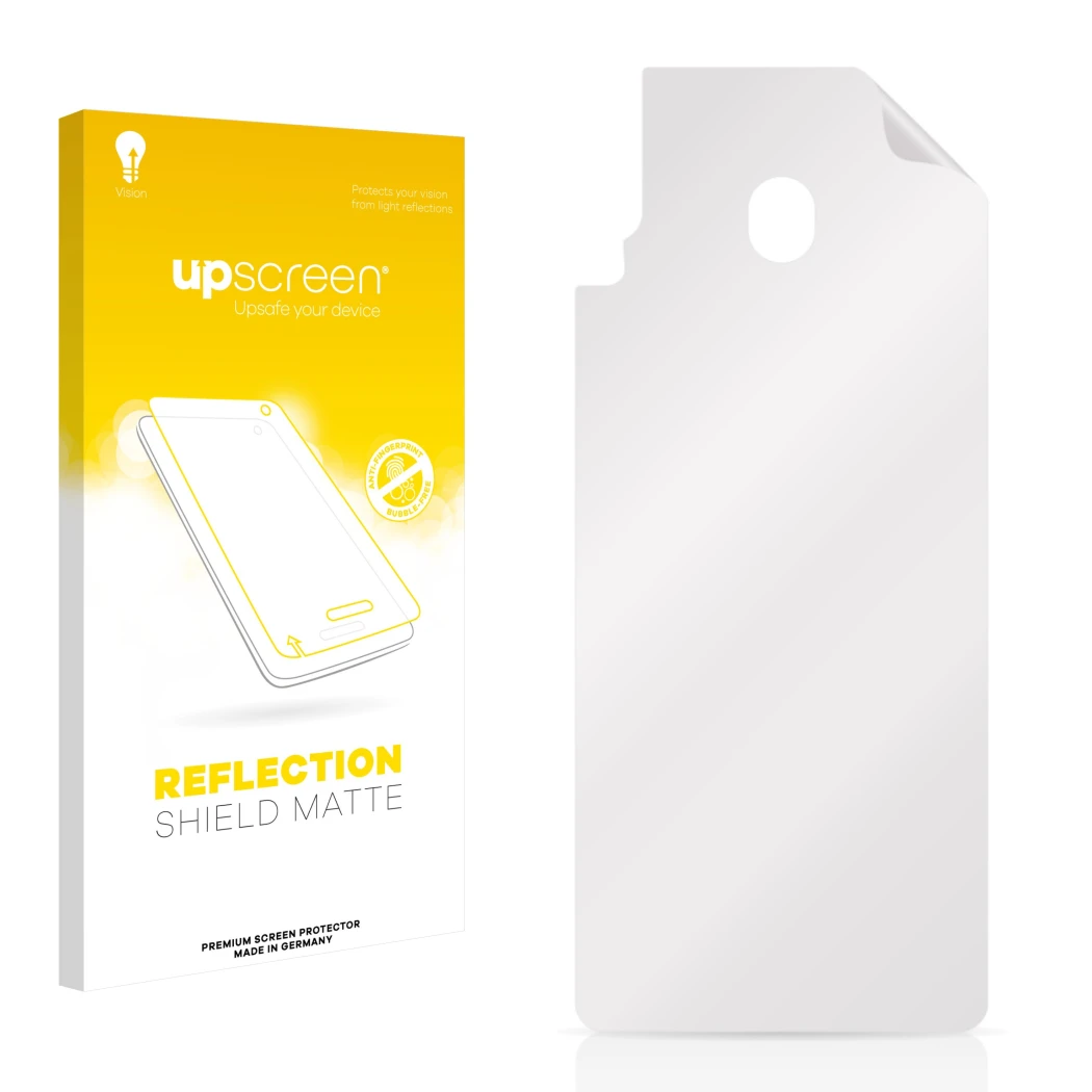 Parte frontal de un envase de producto con el logotipo de la marca upscreen. Al lado está el protector de pantalla correspondi