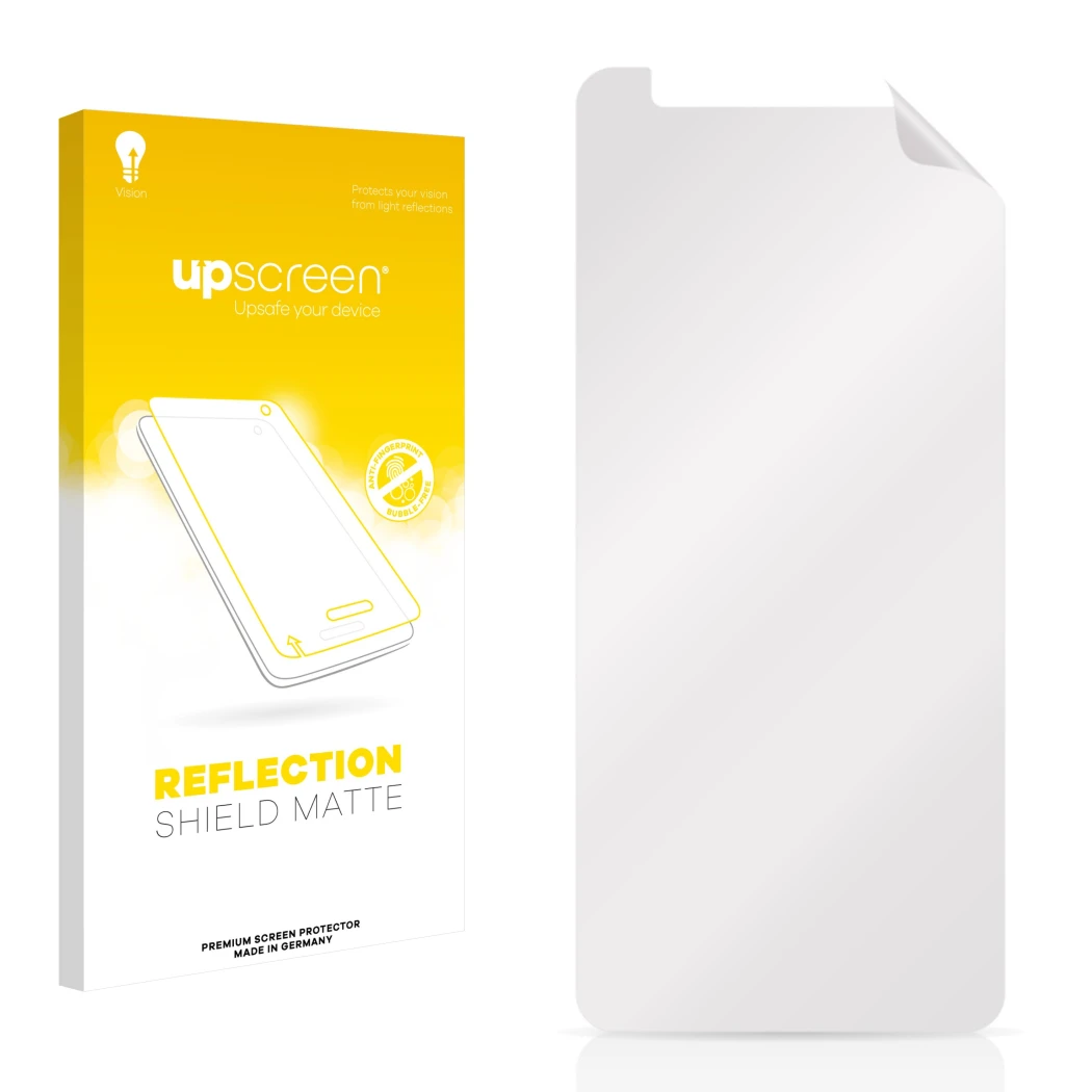 Parte frontal de un envase de producto con el logotipo de la marca upscreen. Al lado está el protector de pantalla correspondi