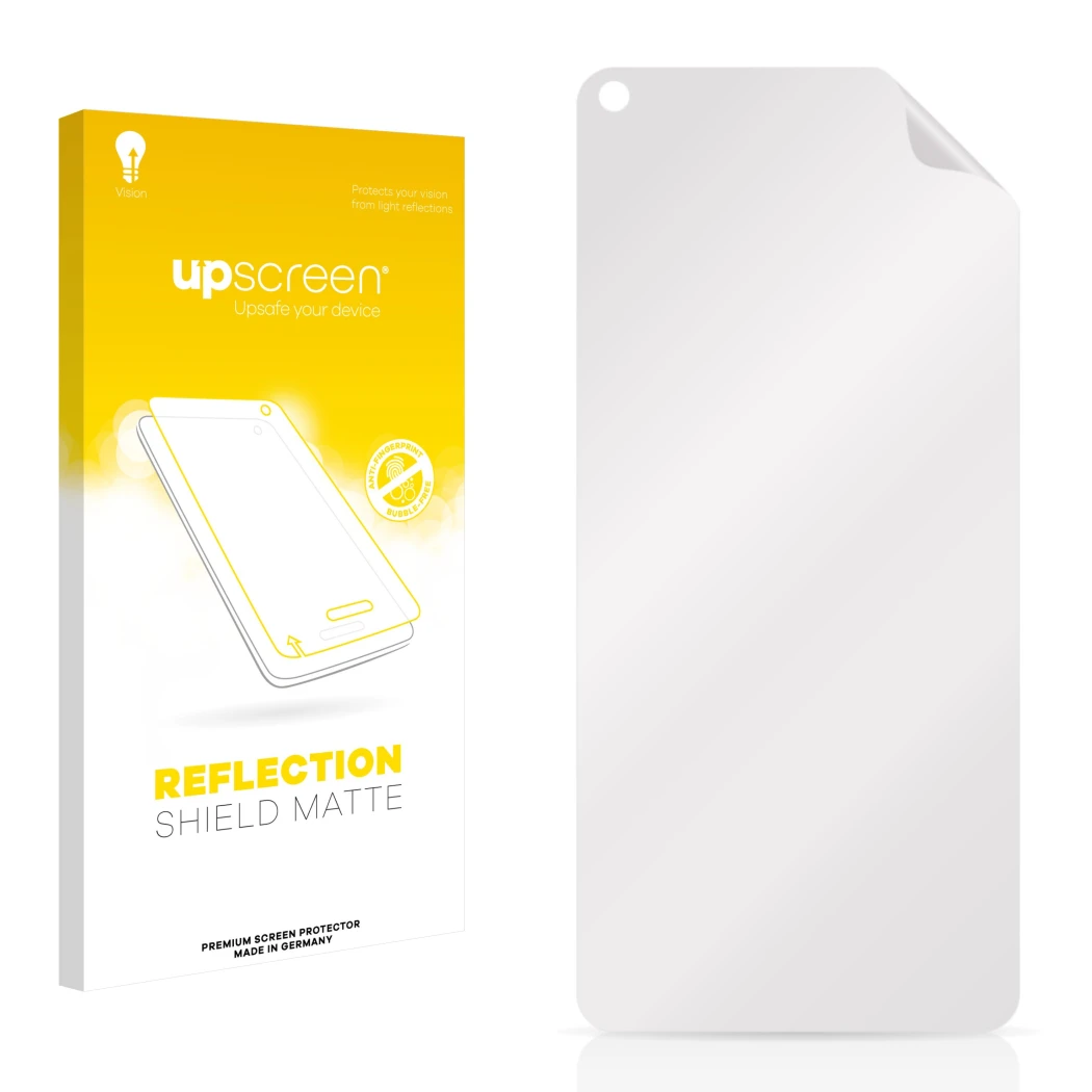 Parte frontal de un envase de producto con el logotipo de la marca upscreen. Al lado está el protector de pantalla correspondi