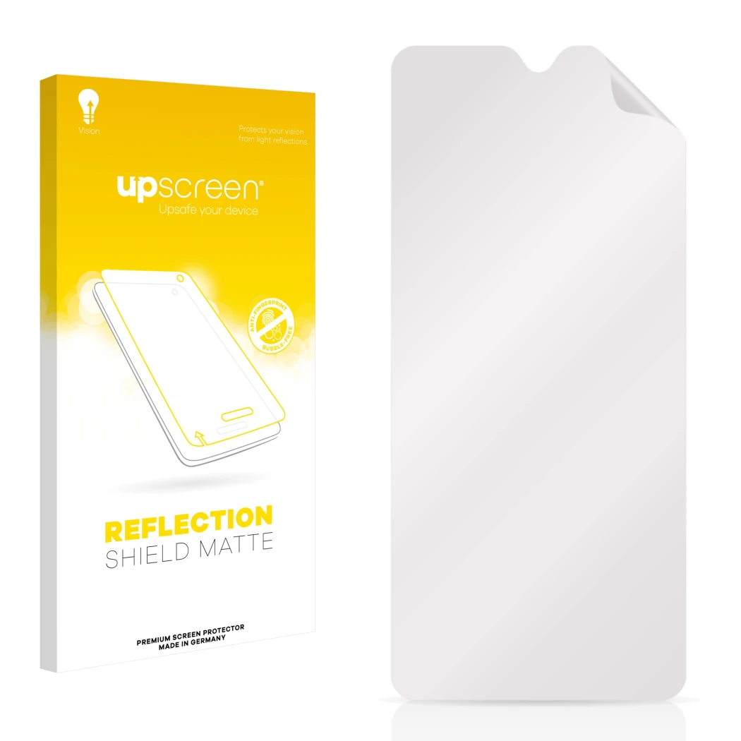 Parte frontal de un envase de producto con el logotipo de la marca upscreen. Al lado está el protector de pantalla correspondi