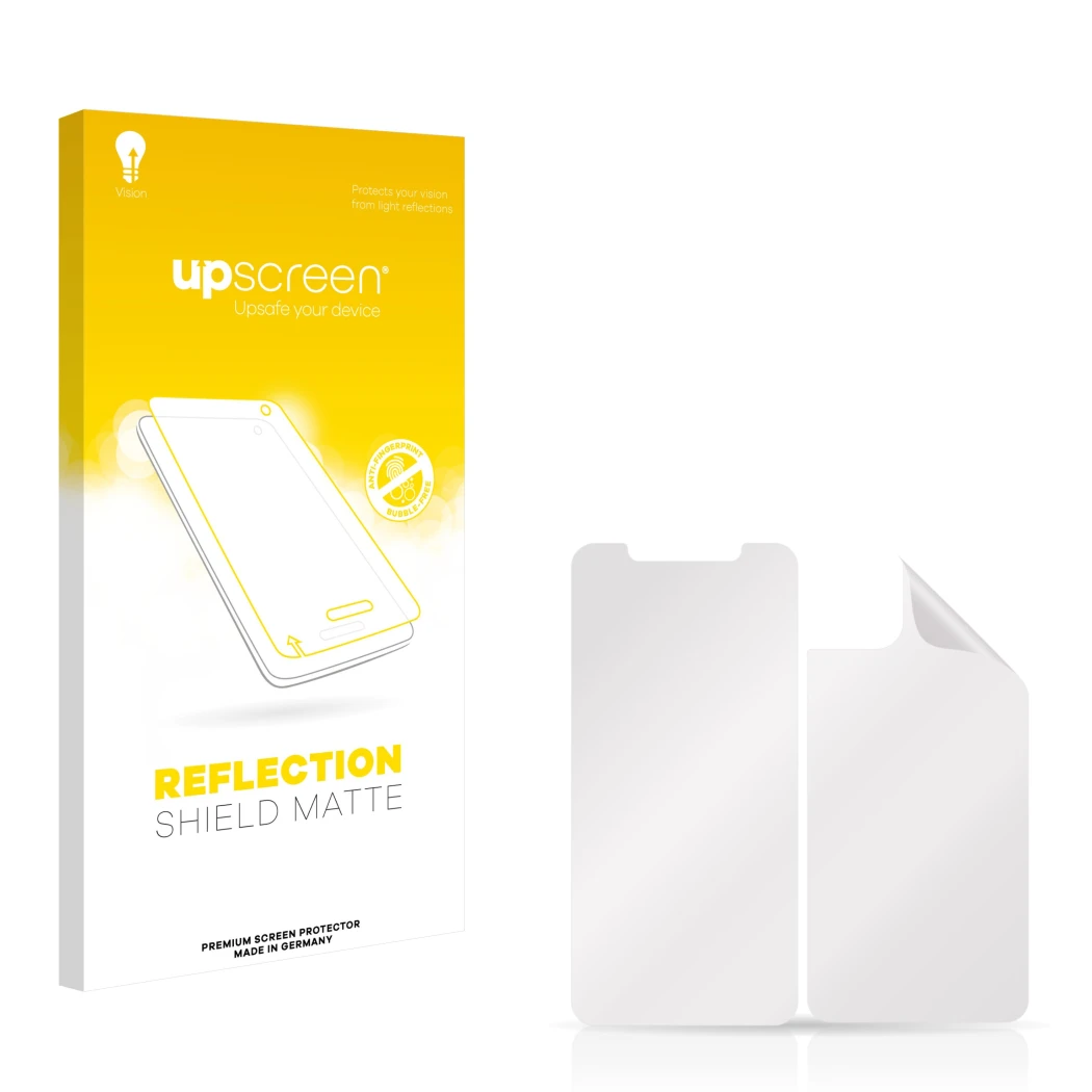 Parte frontal de un envase de producto con el logotipo de la marca upscreen. Al lado está el protector de pantalla correspondi
