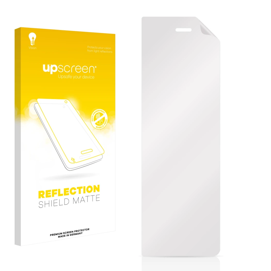 Parte frontal de un envase de producto con el logotipo de la marca upscreen. Al lado está el protector de pantalla correspondi