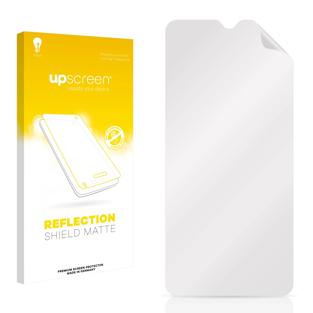 Parte frontal de un envase de producto con el logotipo de la marca upscreen. Al lado está el protector de pantalla correspondi