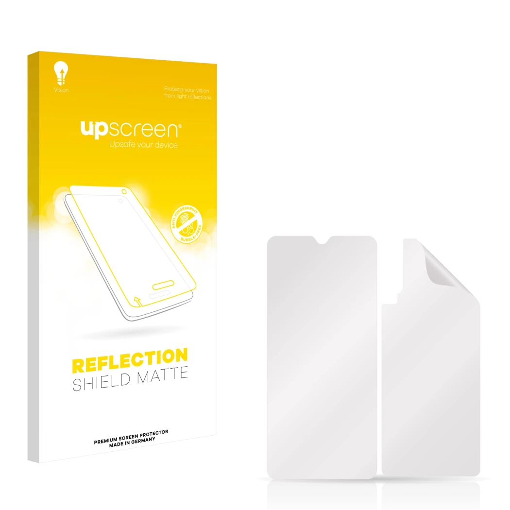 Parte frontal de un envase de producto con el logotipo de la marca upscreen. Al lado está el protector de pantalla correspondi