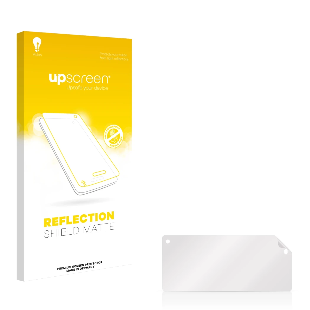 Parte frontal de un envase de producto con el logotipo de la marca upscreen. Al lado está el protector de pantalla correspondi